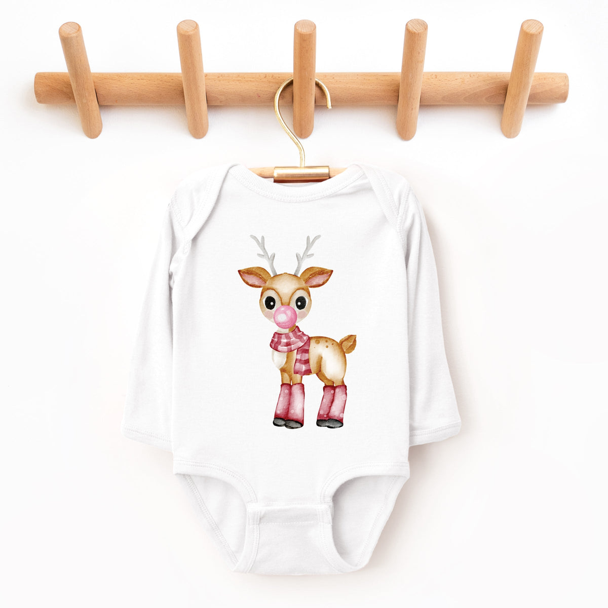 Watercolor Reindeer Bubblegum  - Long Sleeve Bodysuit