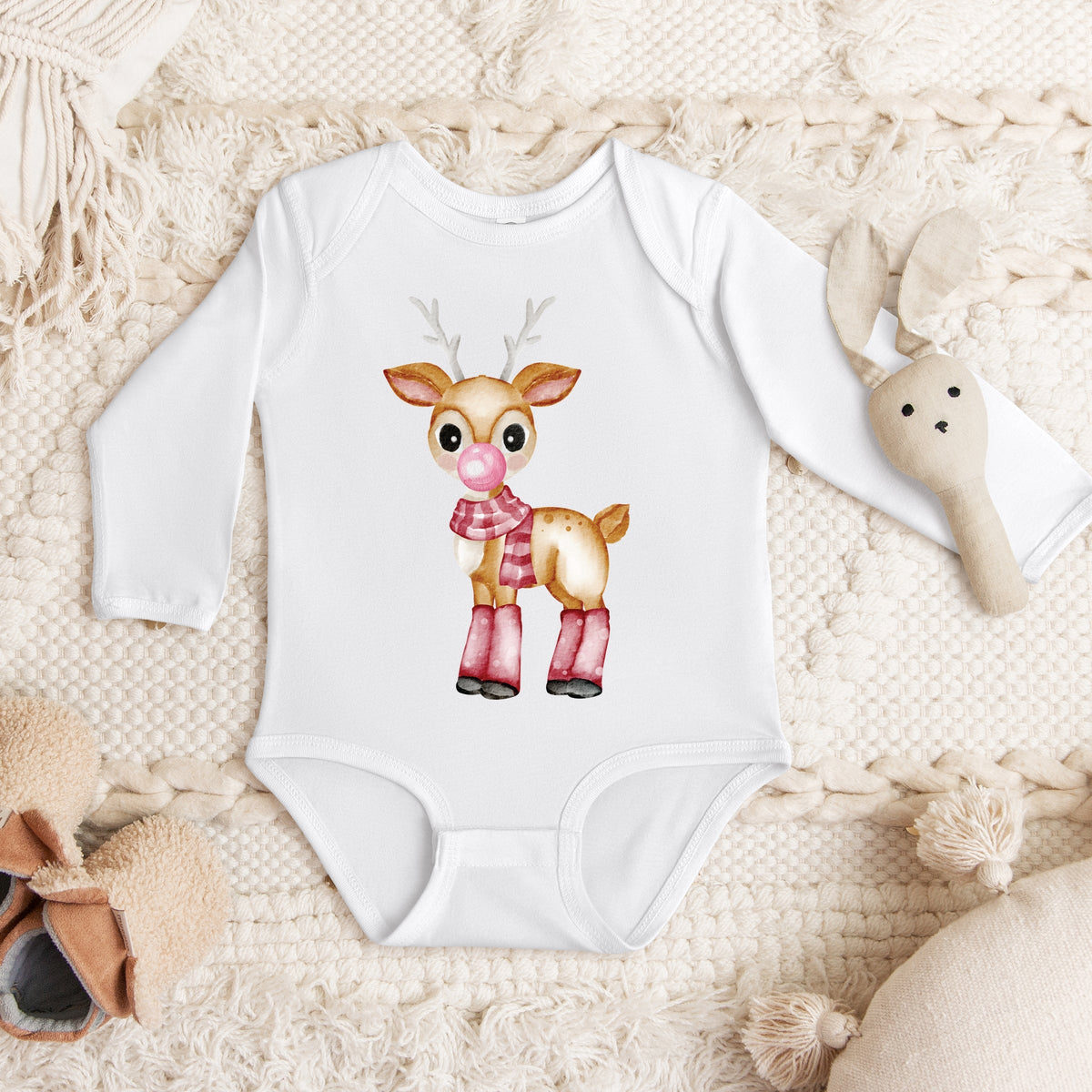 Watercolor Reindeer Bubblegum  - Long Sleeve Bodysuit