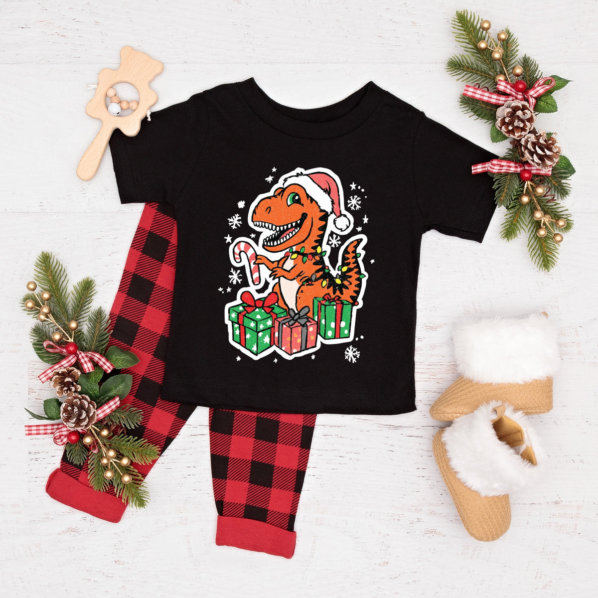 Orange Dinosaur Christmas - Toddler Short Sleeve Graphic T-Shirt