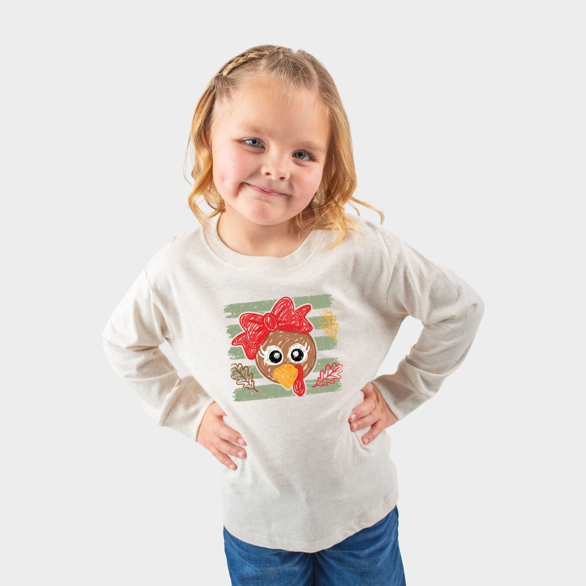 Hand Drawn Girl Turkey - Toddler Long Sleeve Graphic Tee