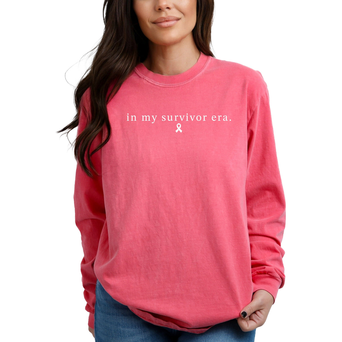 In My Survivor Era Ribbon - Women's Garment Dyed Long Sleeve Graphic T-Shirt
