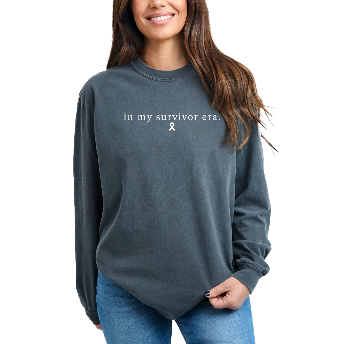 In My Survivor Era Ribbon - Women's Garment Dyed Long Sleeve Graphic T-Shirt