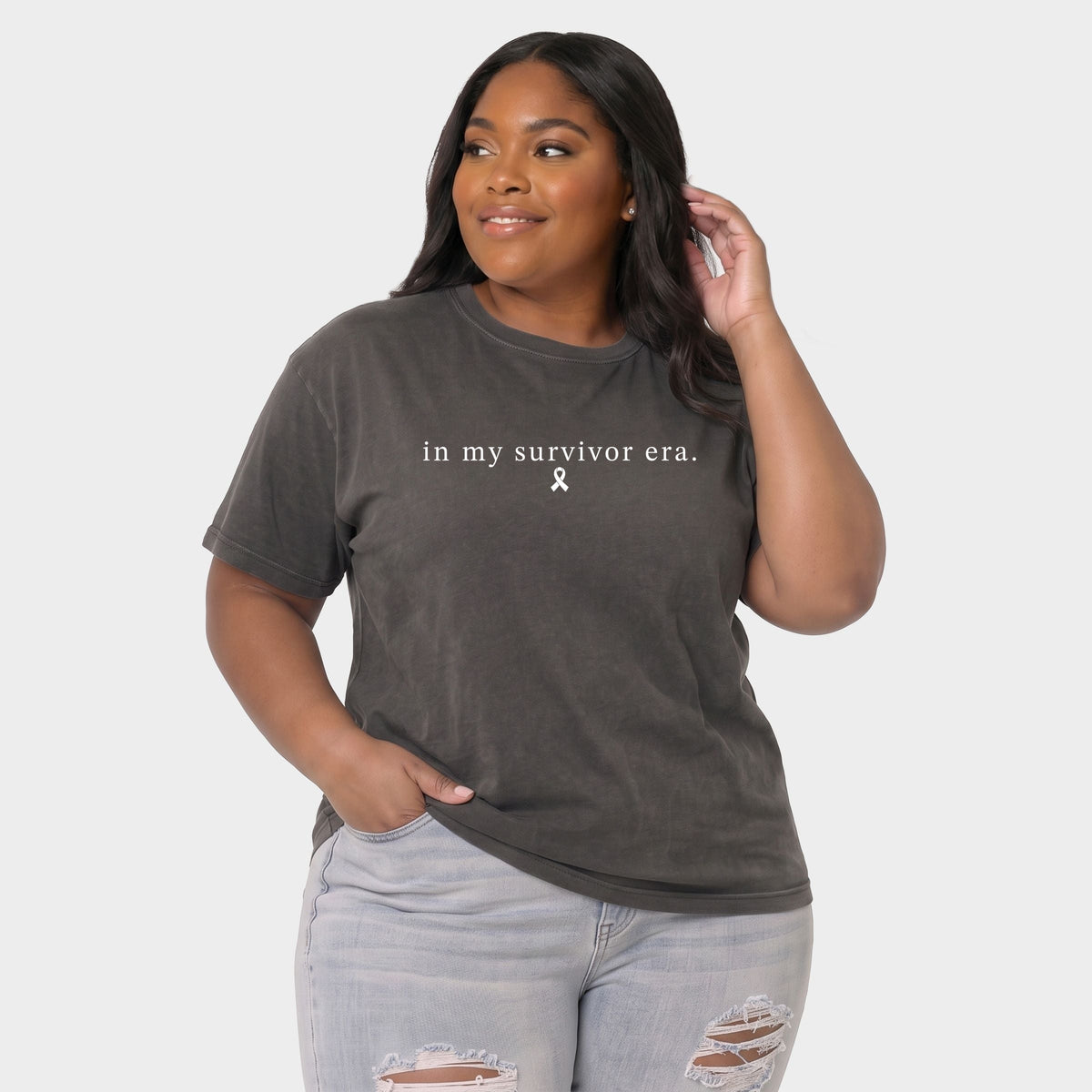 In My Survivor Era Ribbon - Women's Plus Garment Dyed Tee
