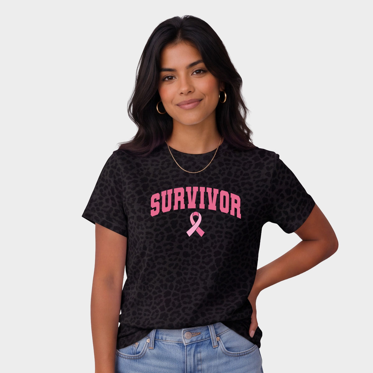 Survivor Arched Ribbon - Women's Leopard Print Tee