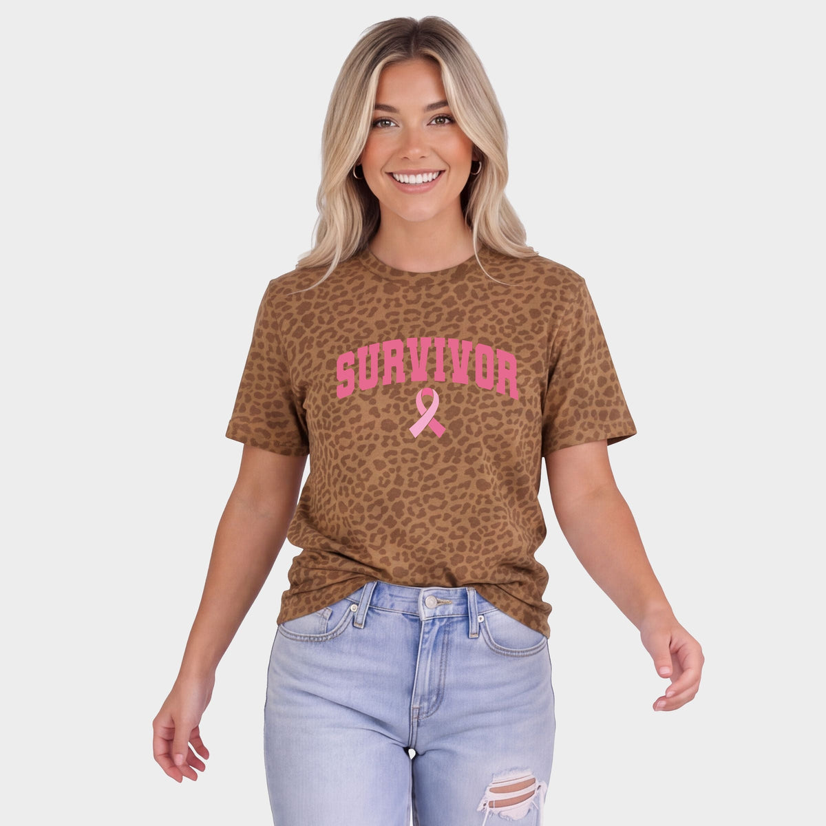 Survivor Arched Ribbon - Women's Leopard Print Tee