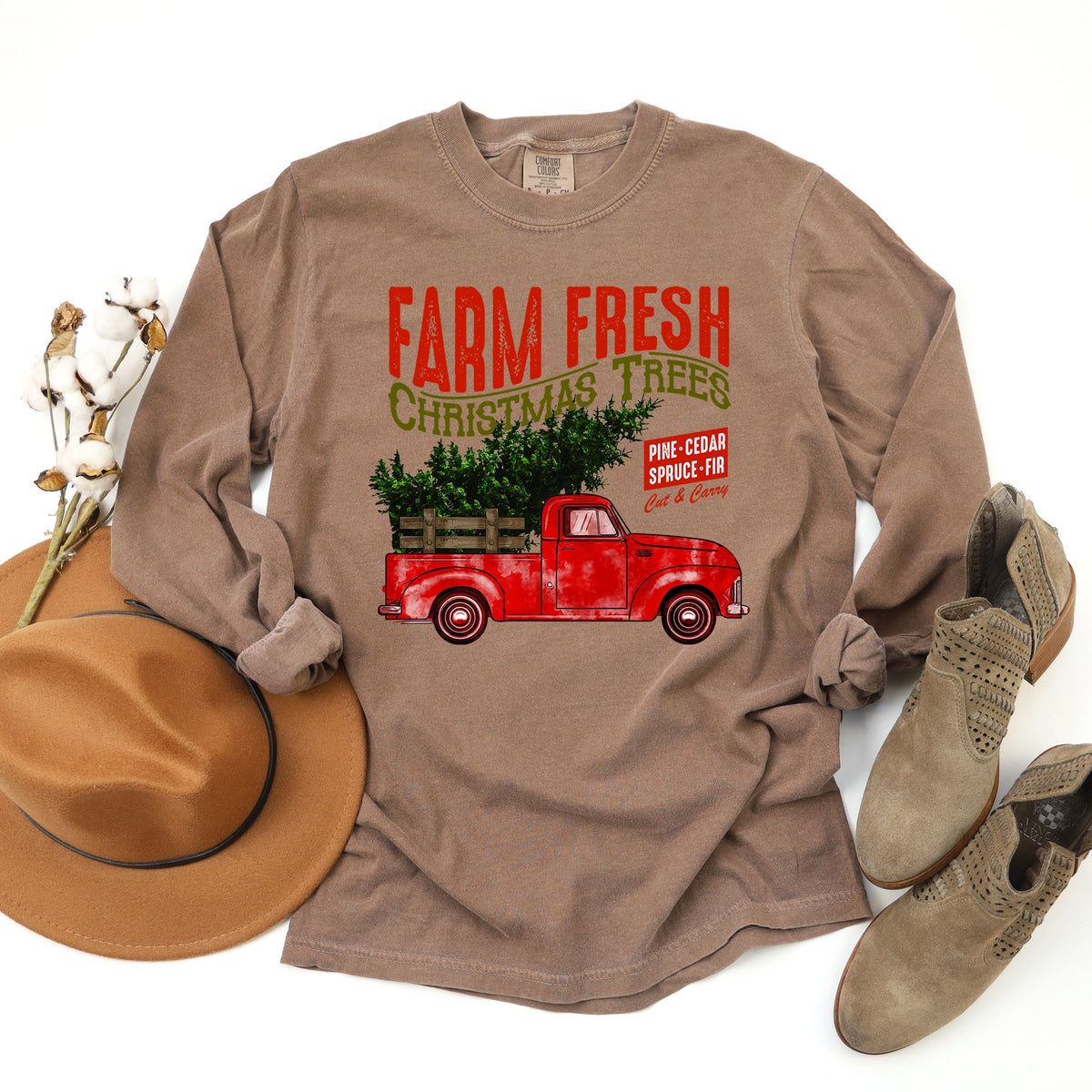 Farm Fresh Christmas Trees Truck - Women's Garment Dyed Long Sleeve