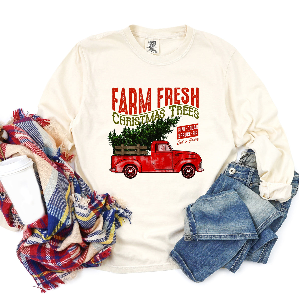 Farm Fresh Christmas Trees Truck - Women's Garment Dyed Long Sleeve