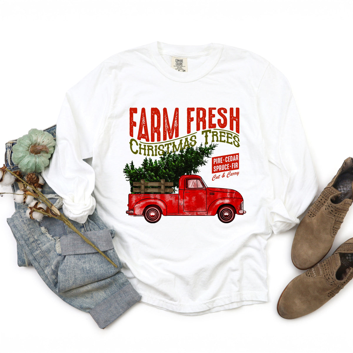 Farm Fresh Christmas Trees Truck - Women's Garment Dyed Long Sleeve