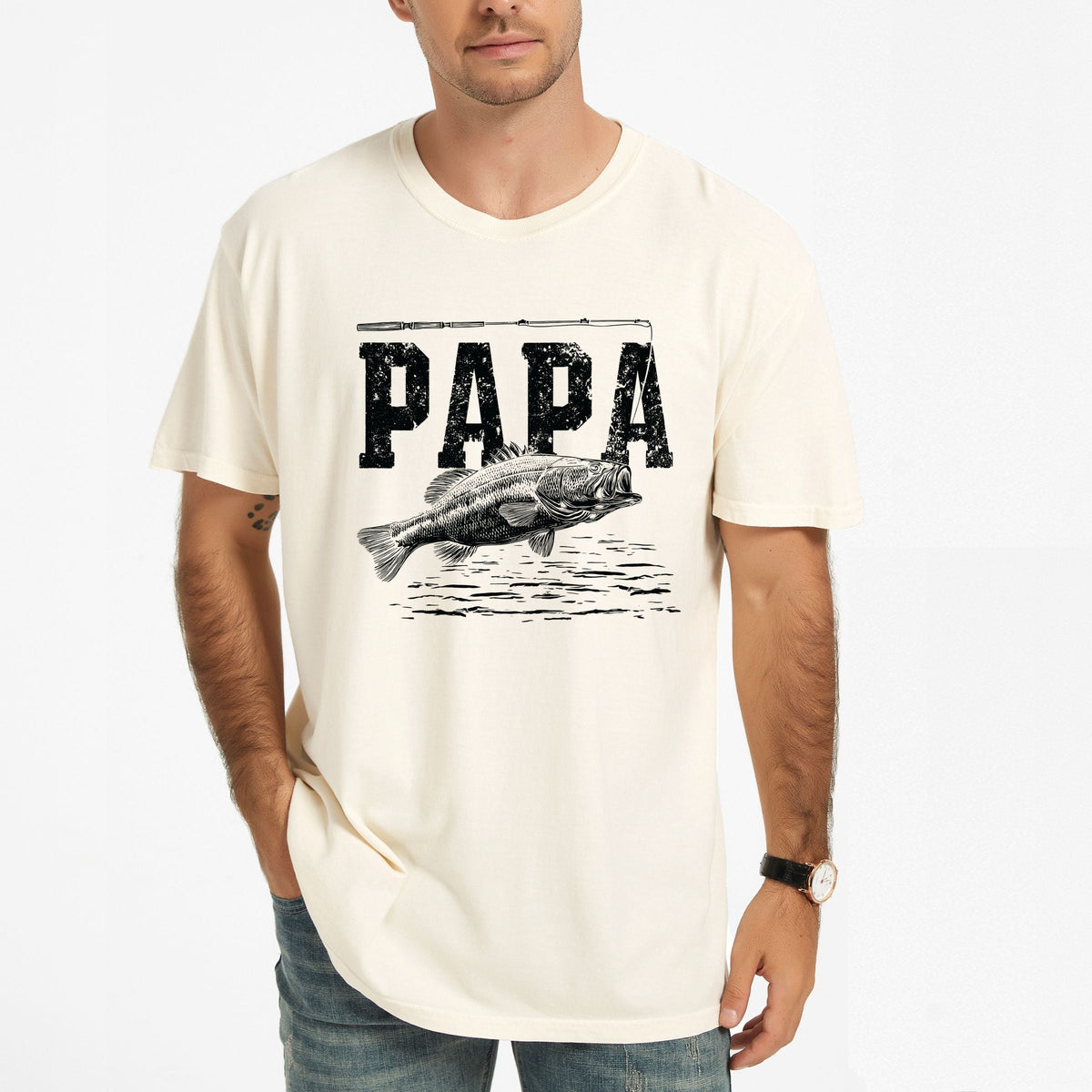 Papa Fishing Distressed - Men's Garment Dyed Graphic T-Shirt