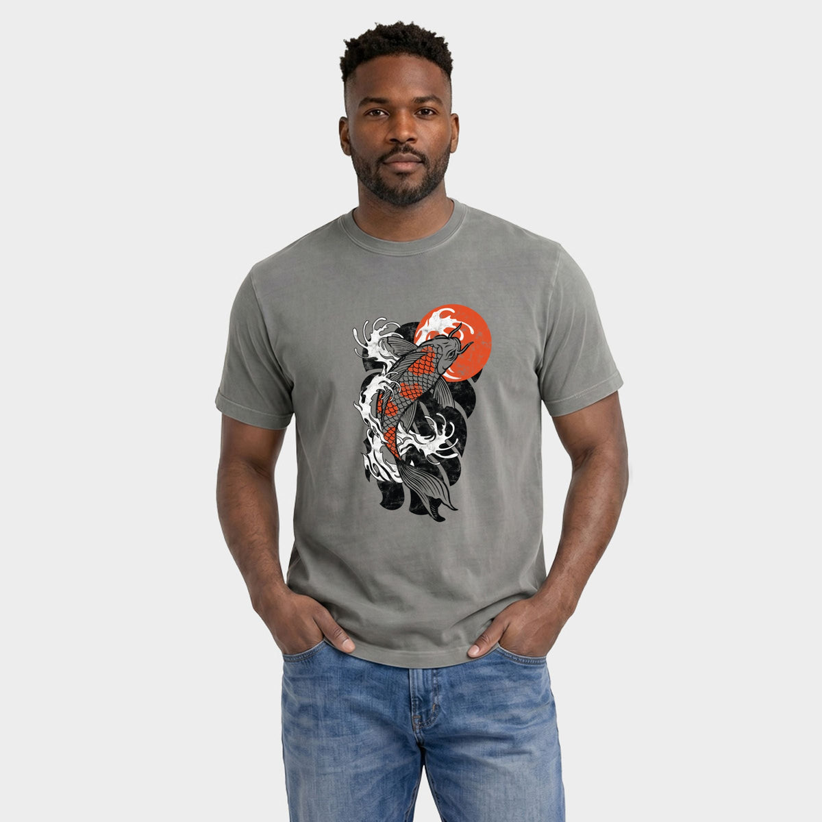 Koi Splash Distressed - Men's Garment Dyed Graphic T-Shirt