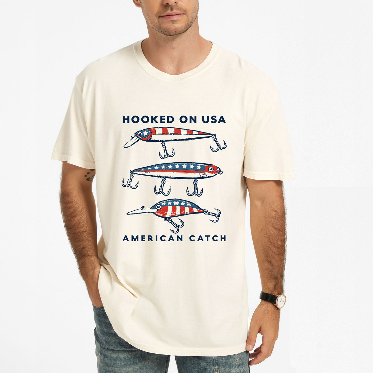 Hooked On USA - Men's Garment Dyed Graphic T-Shirt