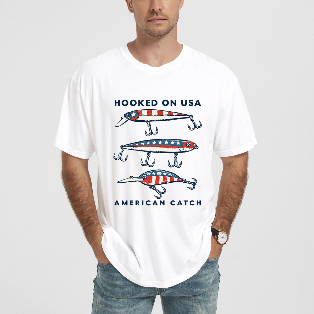 Hooked On USA - Men's Garment Dyed Graphic T-Shirt