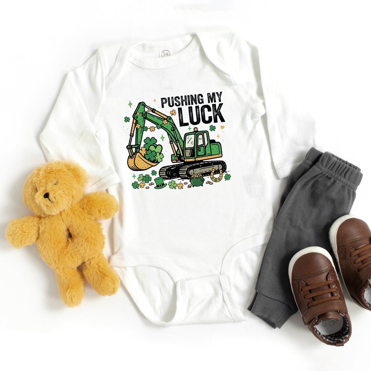 Pushing My Luck Excavator - Baby Long Sleeve Bodysuit