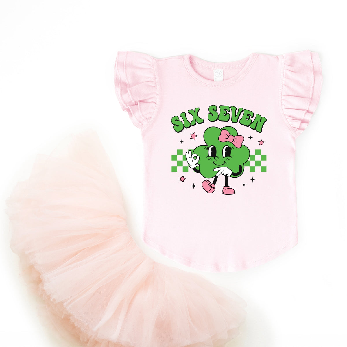 Six Seven Clover Bow - Flutter Sleeve Graphic T-Shirt