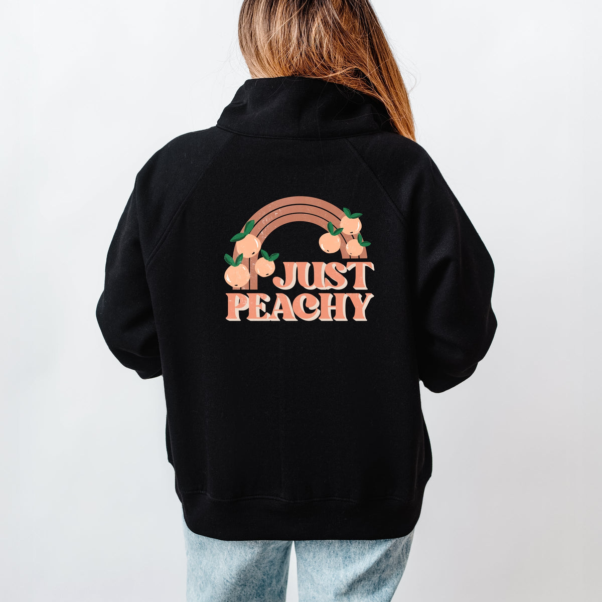 Just Peachy Rainbow Front and Back Design - Women's Quarter Zip Fleece Graphic Sweatshirt