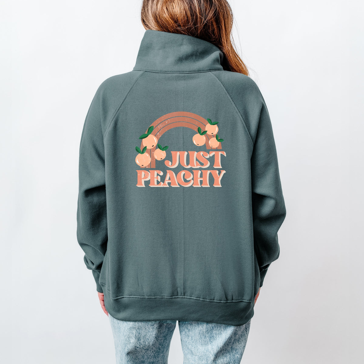 Just Peachy Rainbow Front and Back Design - Women's Quarter Zip Fleece Graphic Sweatshirt