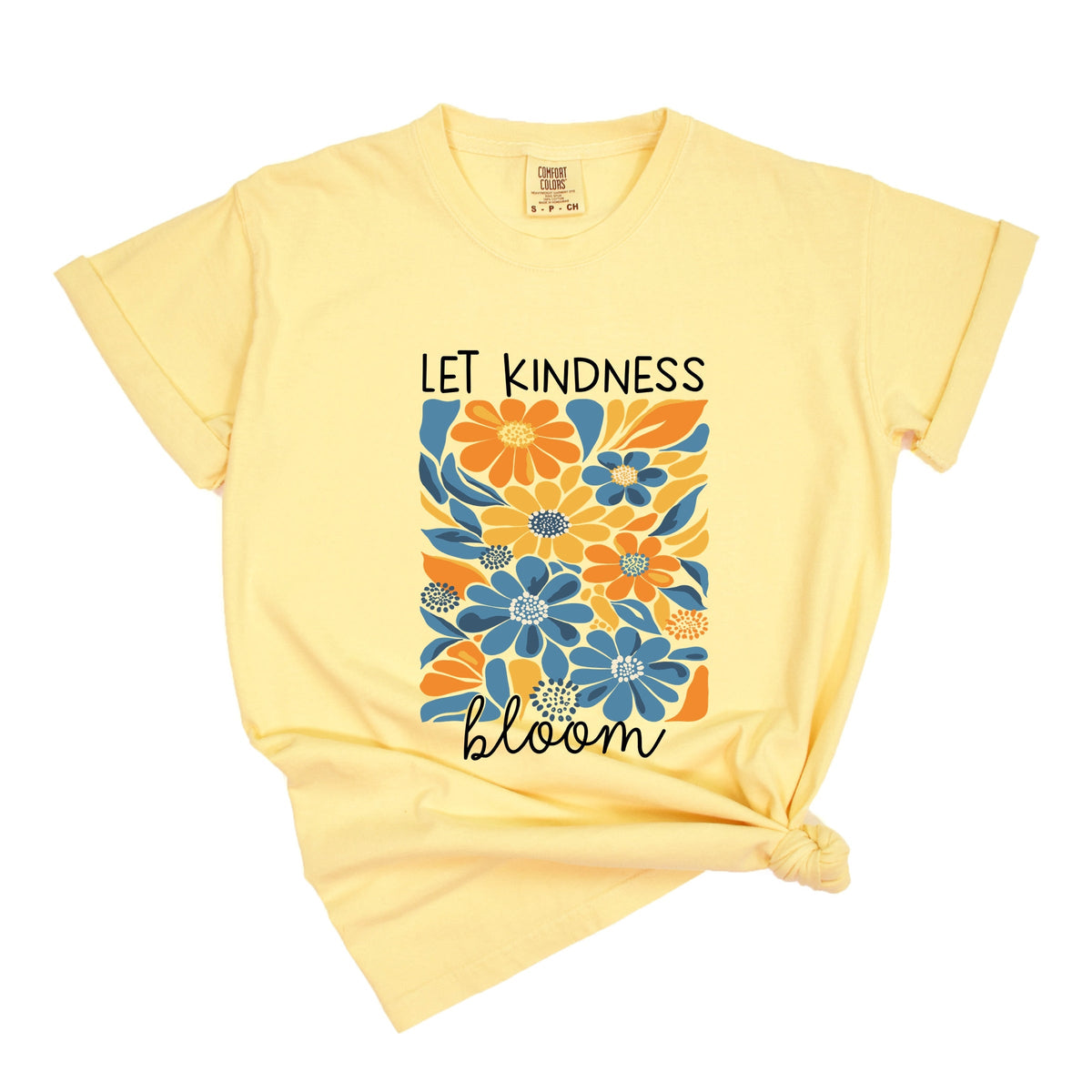 Let Kindness Bloom Blue and Orange Flowers - Women's Garment Dyed Graphic T-Shirt