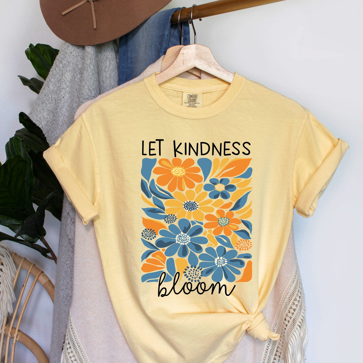 Let Kindness Bloom Blue and Orange Flowers - Women's Garment Dyed Graphic T-Shirt