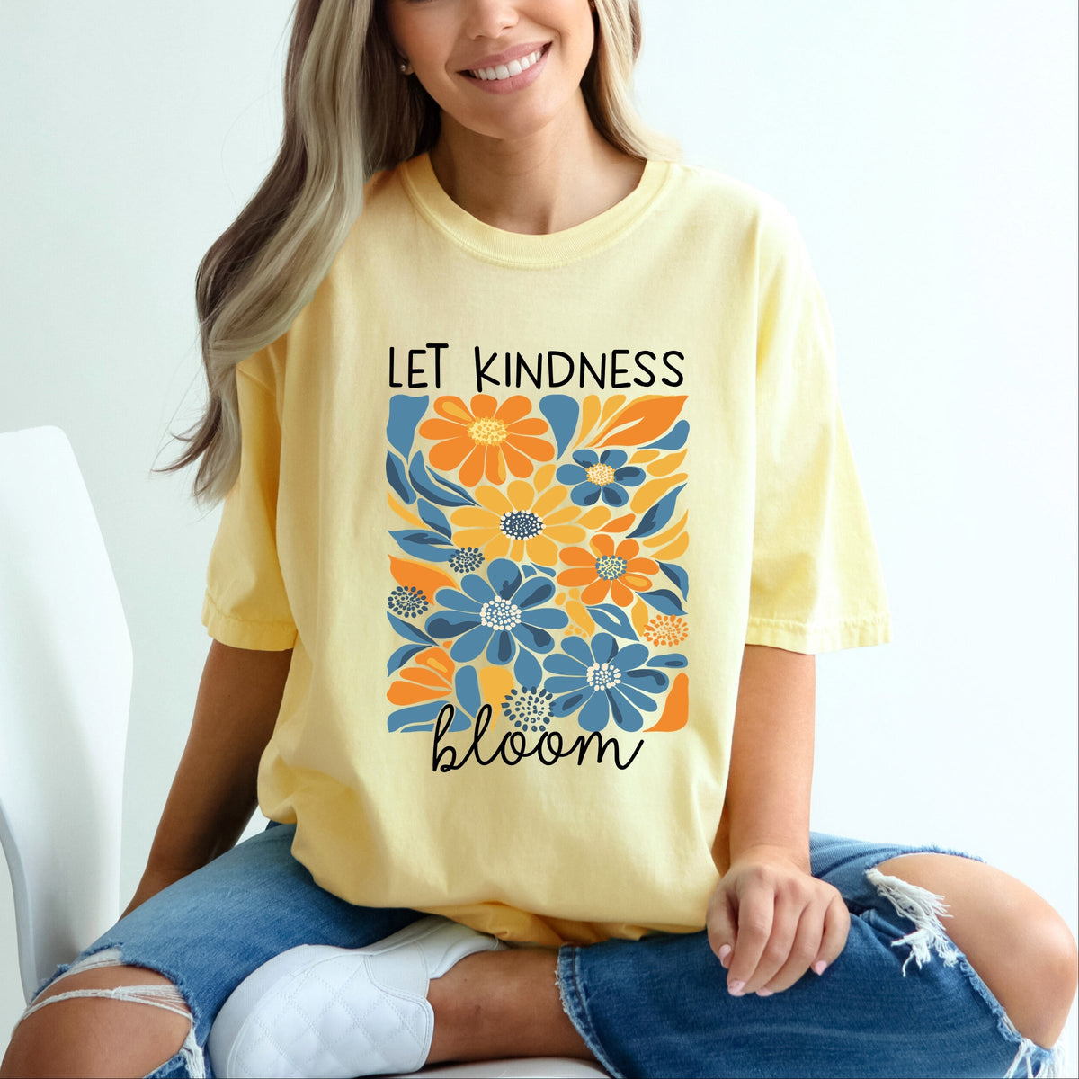 Let Kindness Bloom Blue and Orange Flowers - Women's Garment Dyed Graphic T-Shirt
