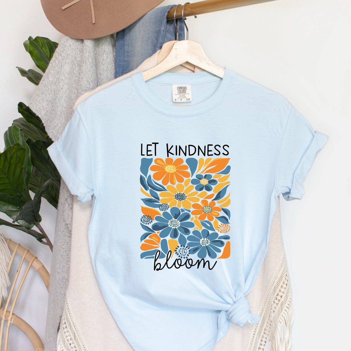 Let Kindness Bloom Blue and Orange Flowers - Women's Garment Dyed Graphic T-Shirt