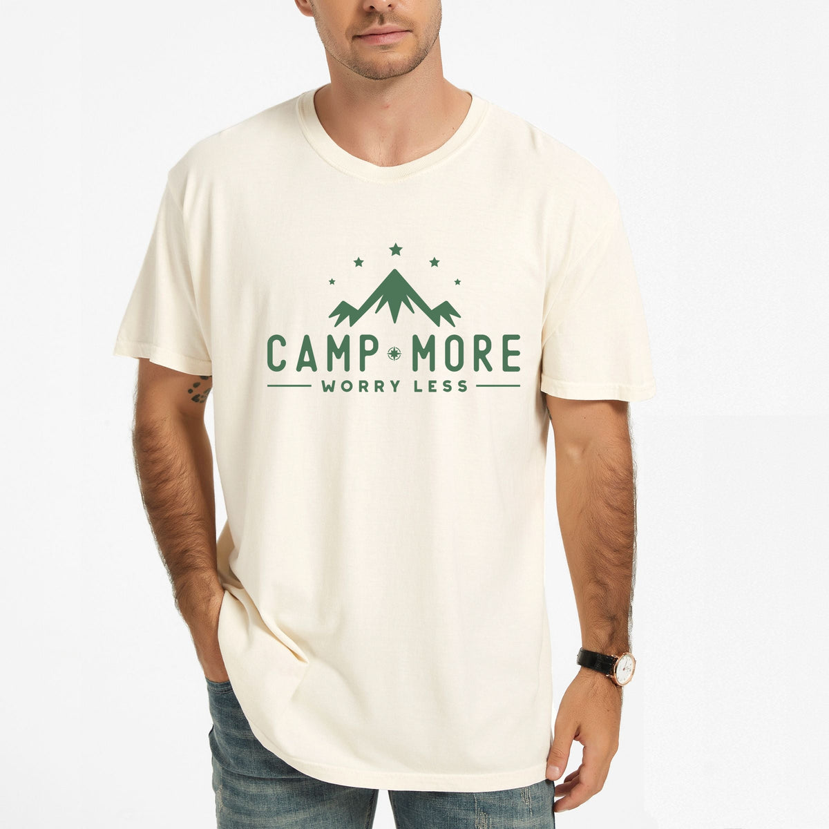 Camp More Worry Less Mountains - Men's Garment Dyed Graphic T-Shirt