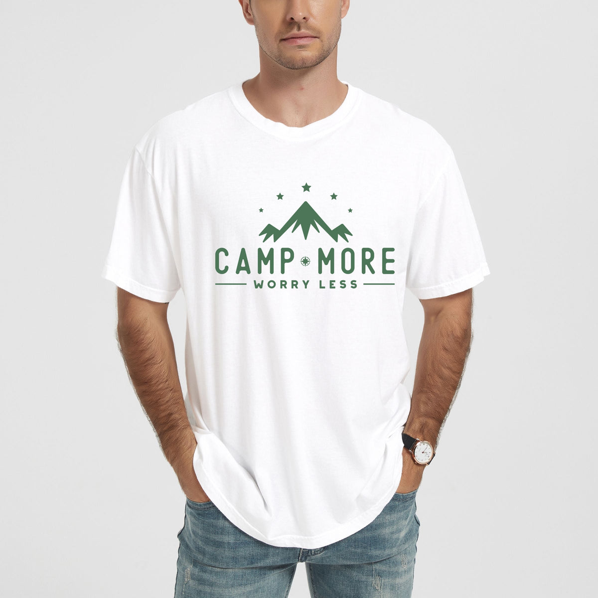 Camp More Worry Less Mountains - Men's Garment Dyed Graphic T-Shirt