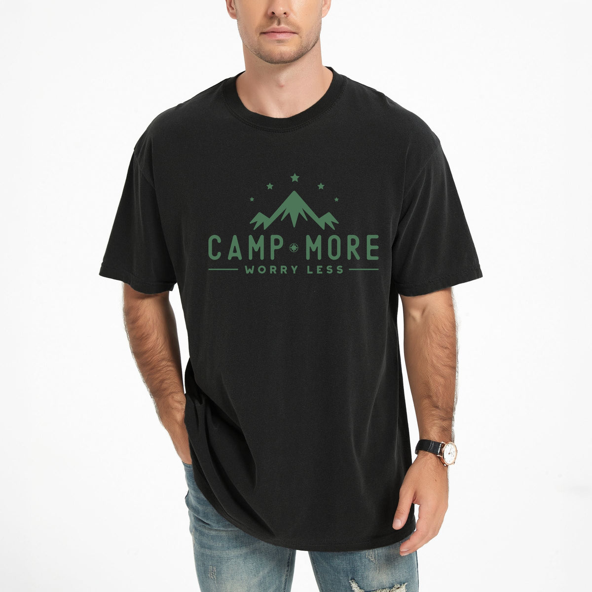 Camp More Worry Less Mountains - Men's Garment Dyed Graphic T-Shirt