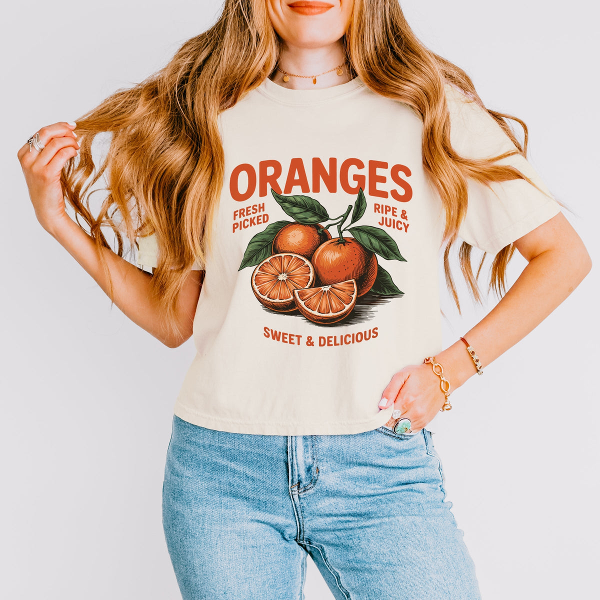 Fresh Picked Oranges Vintage - Women's Boxy Crop Top Graphic T-Shirt