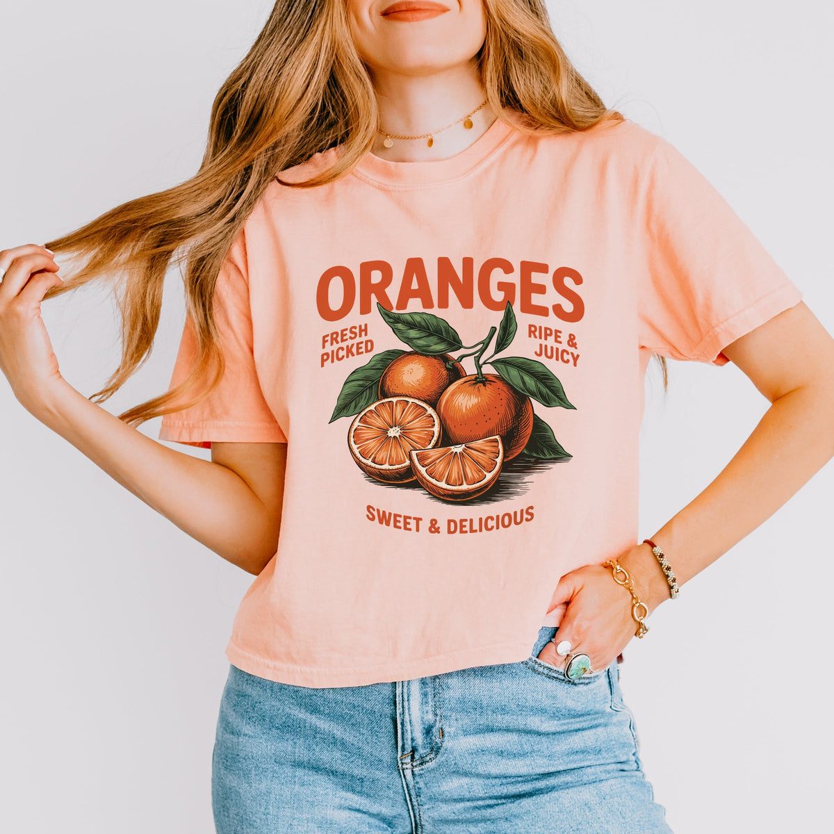 Fresh Picked Oranges Vintage - Women's Boxy Crop Top Graphic T-Shirt