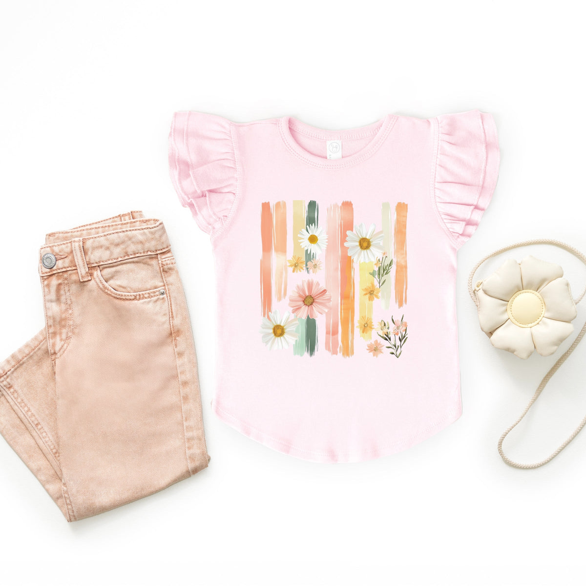 Daisies Stripes Faux Paint - Flutter Sleeve Graphic T-Shirt