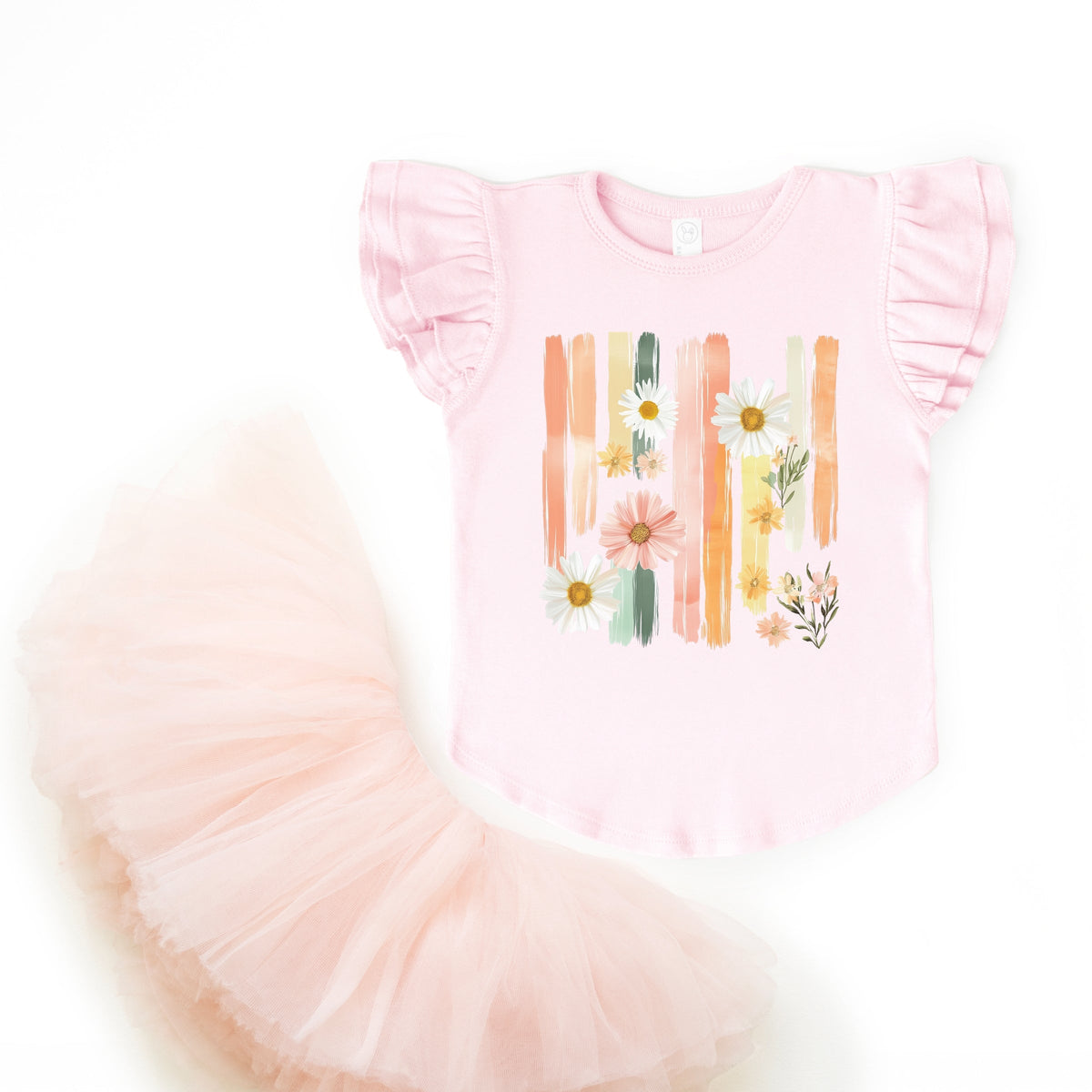 Daisies Stripes Faux Paint - Flutter Sleeve Graphic T-Shirt