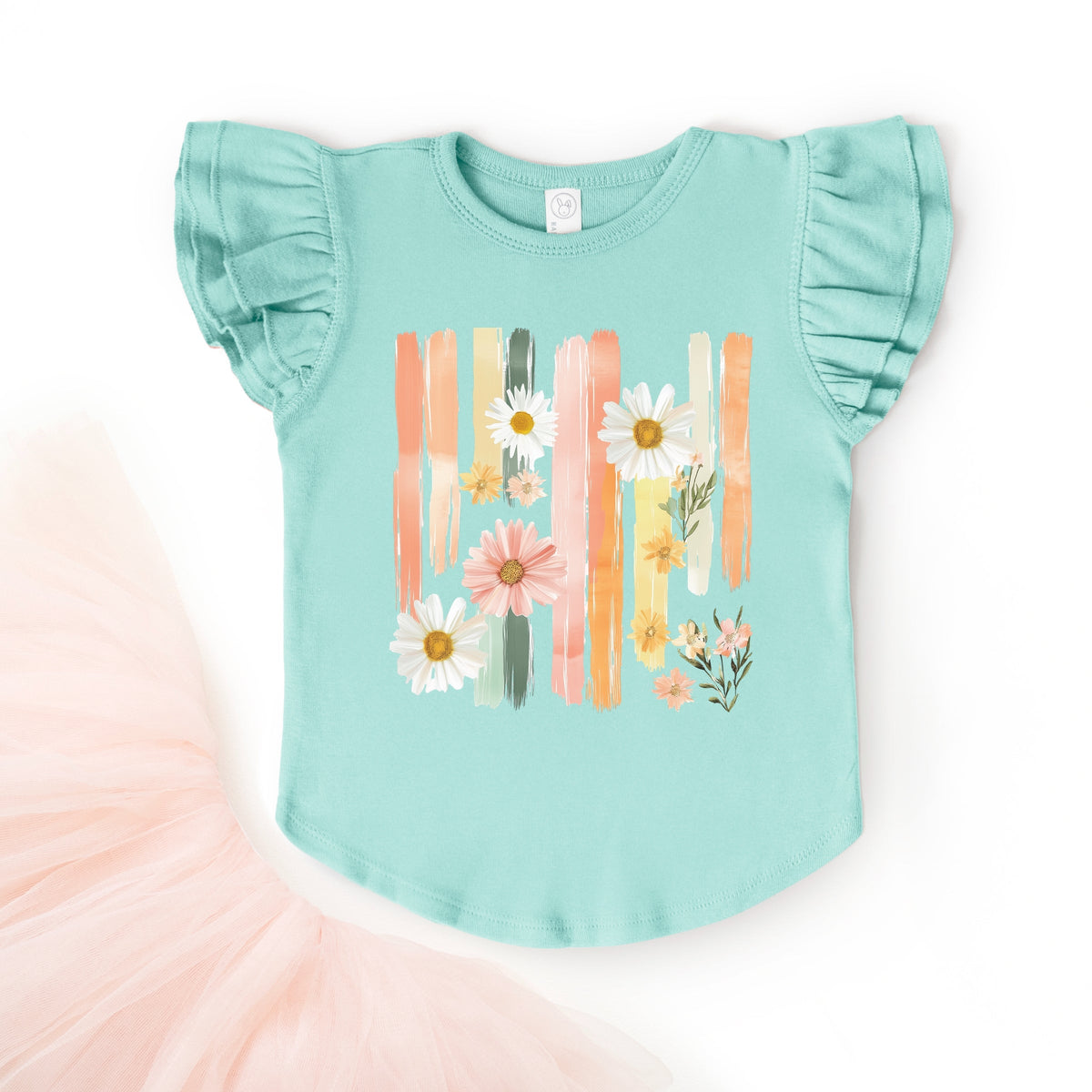 Daisies Stripes Faux Paint - Flutter Sleeve Graphic T-Shirt