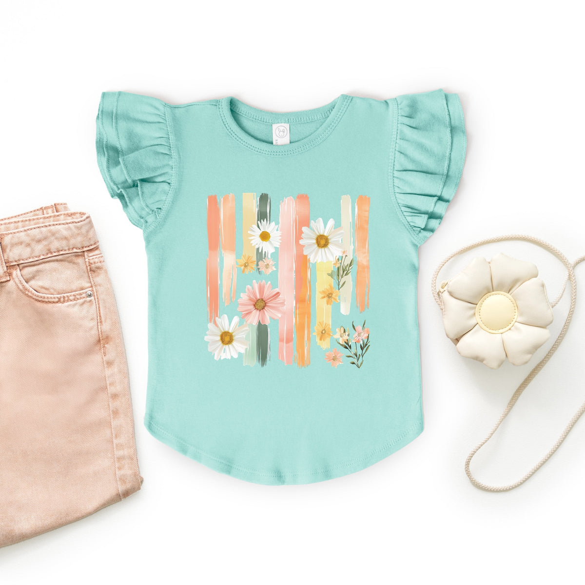 Daisies Stripes Faux Paint - Flutter Sleeve Graphic T-Shirt