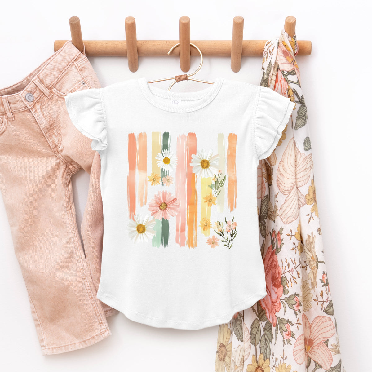 Daisies Stripes Faux Paint - Flutter Sleeve Graphic T-Shirt