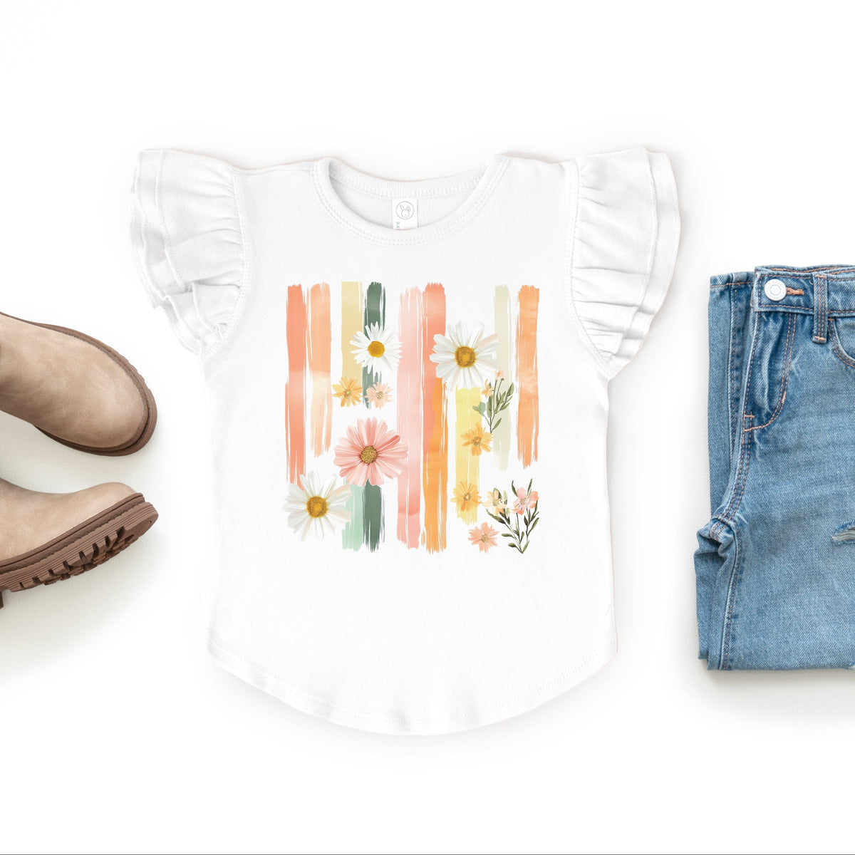 Daisies Stripes Faux Paint - Flutter Sleeve Graphic T-Shirt