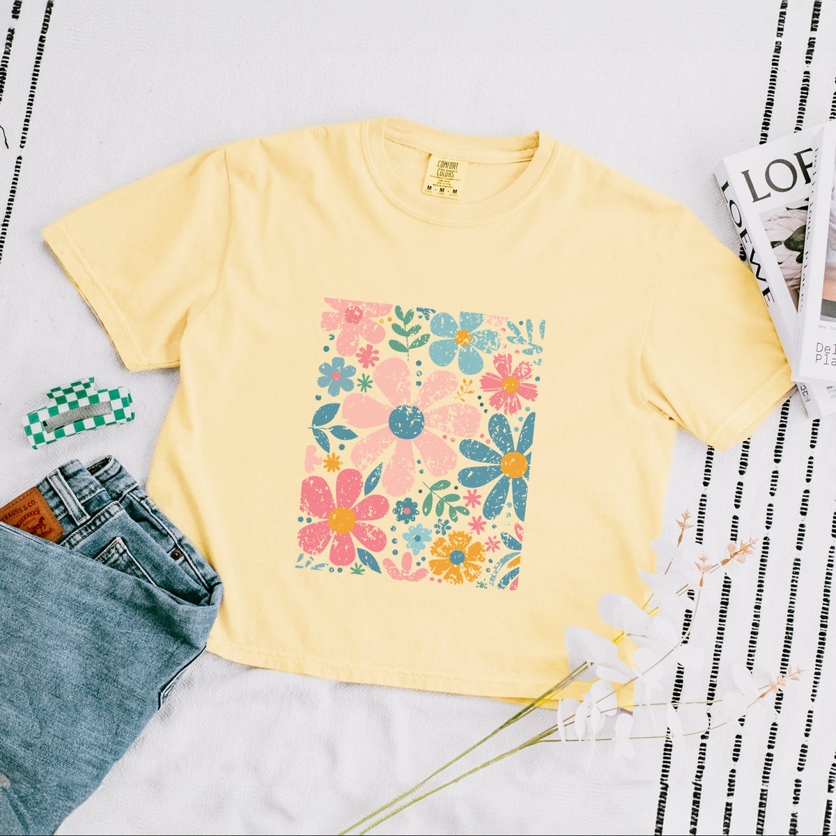 Pastel Flowers Collage - Women's Boxy Crop Top Graphic T-Shirt