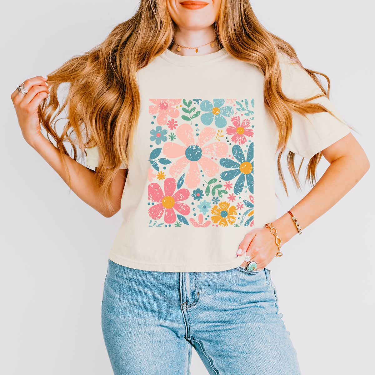 Pastel Flowers Collage - Women's Boxy Crop Top Graphic T-Shirt