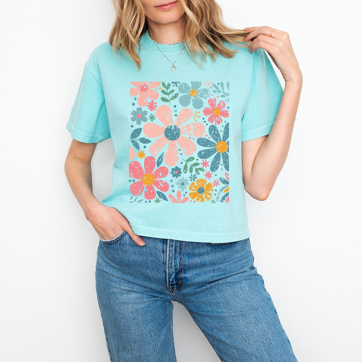 Pastel Flowers Collage - Women's Boxy Crop Top Graphic T-Shirt