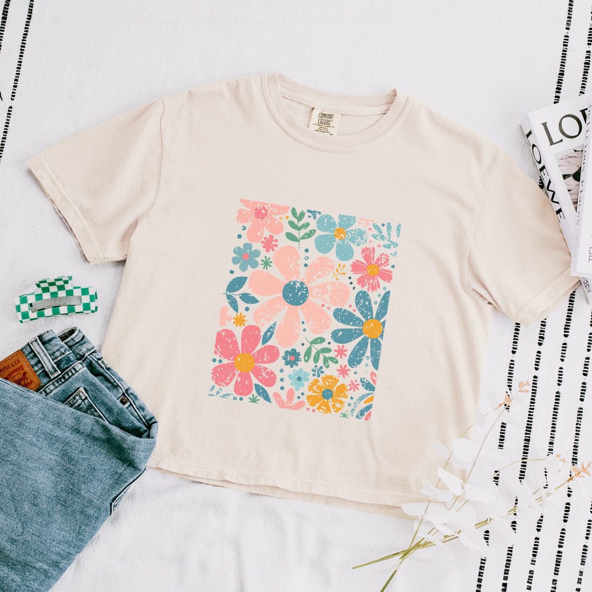 Pastel Flowers Collage - Women's Boxy Crop Top Graphic T-Shirt