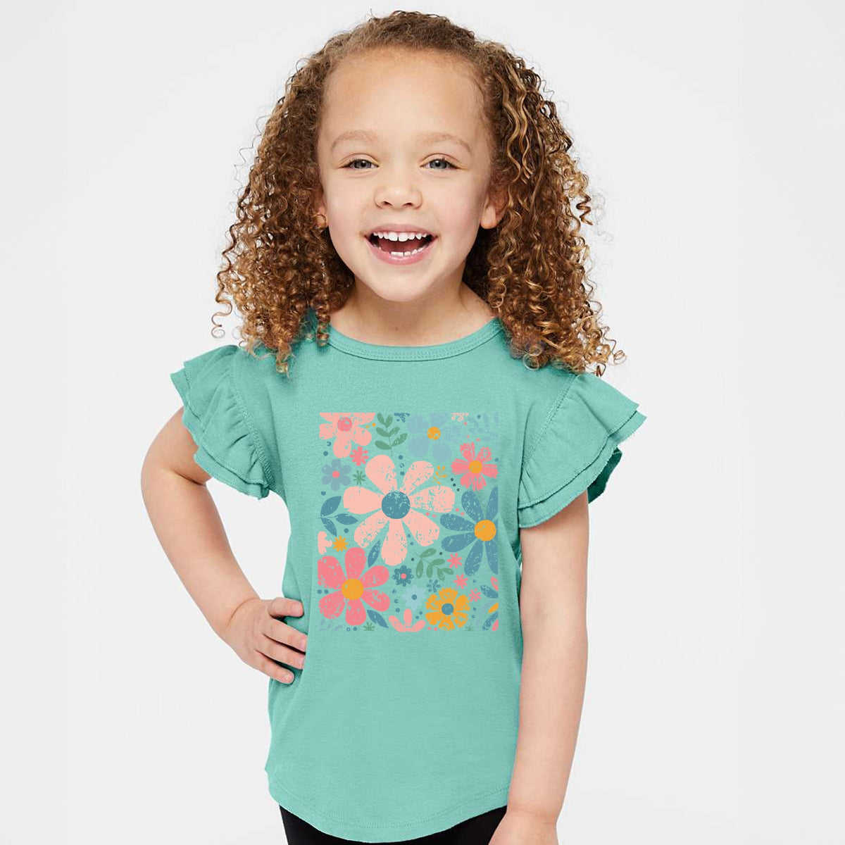 Pastel Flowers Collage - Flutter Sleeve Graphic T-Shirt