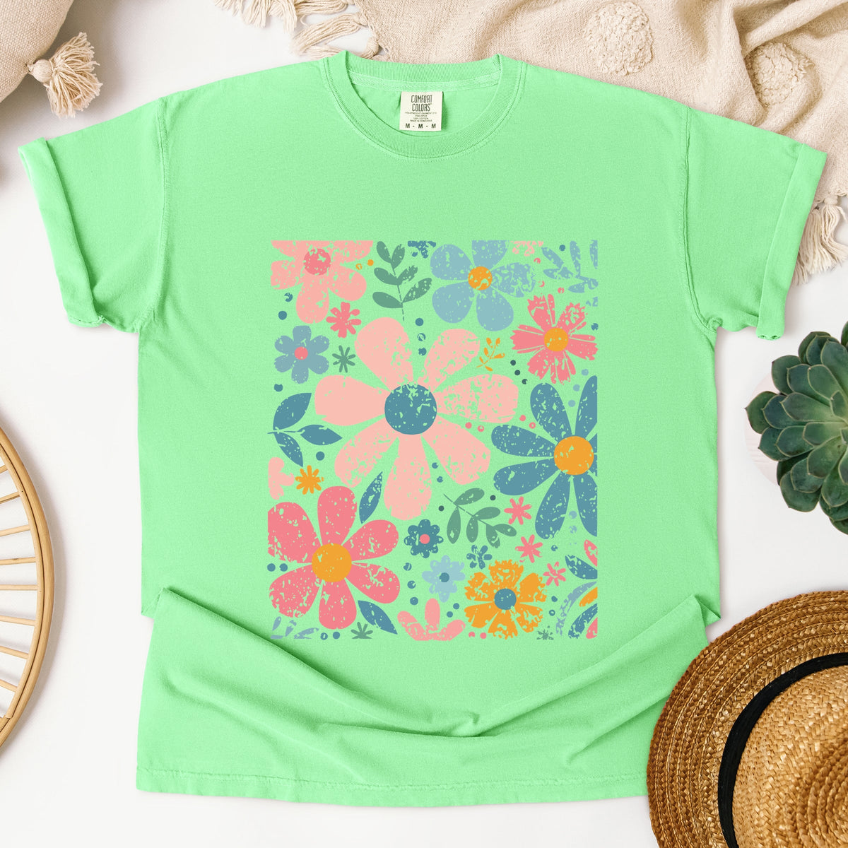 Pastel Flowers Collage - Women's Garment Dyed Graphic T-Shirt