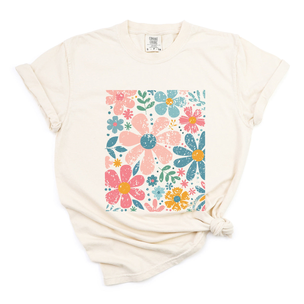 Pastel Flowers Collage - Women's Garment Dyed Graphic T-Shirt