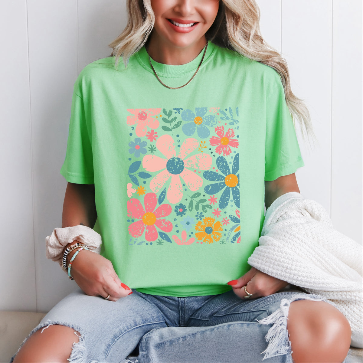 Pastel Flowers Collage - Women's Garment Dyed Graphic T-Shirt