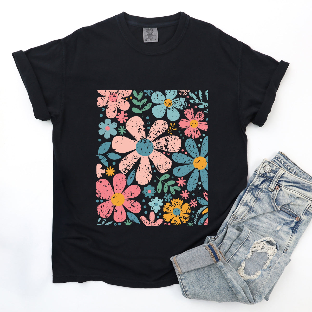 Pastel Flowers Collage - Women's Garment Dyed Graphic T-Shirt