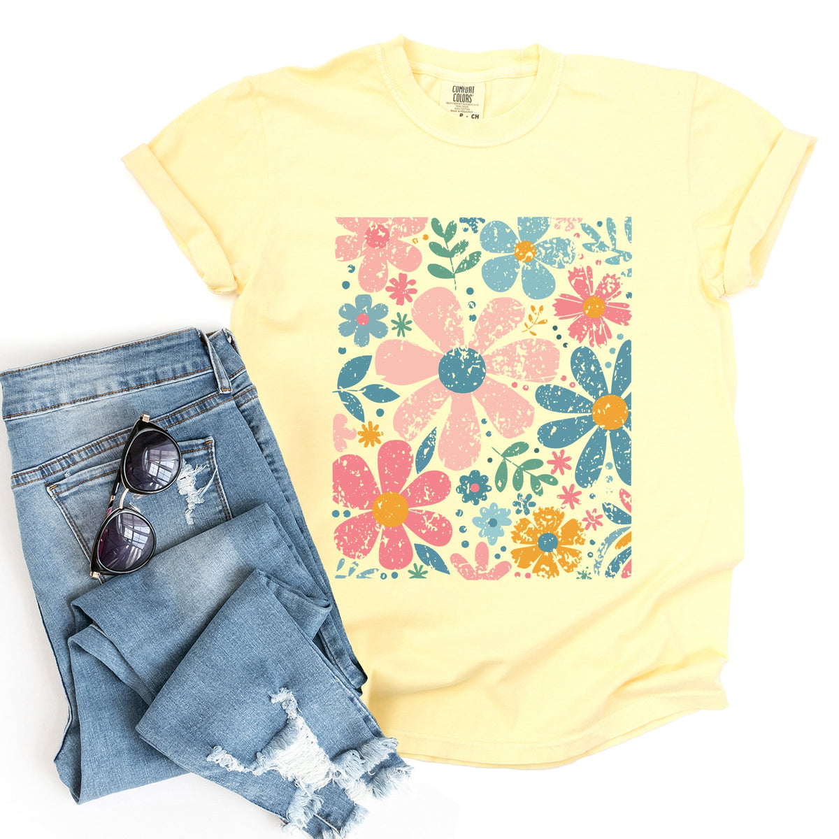 Pastel Flowers Collage - Women's Garment Dyed Graphic T-Shirt