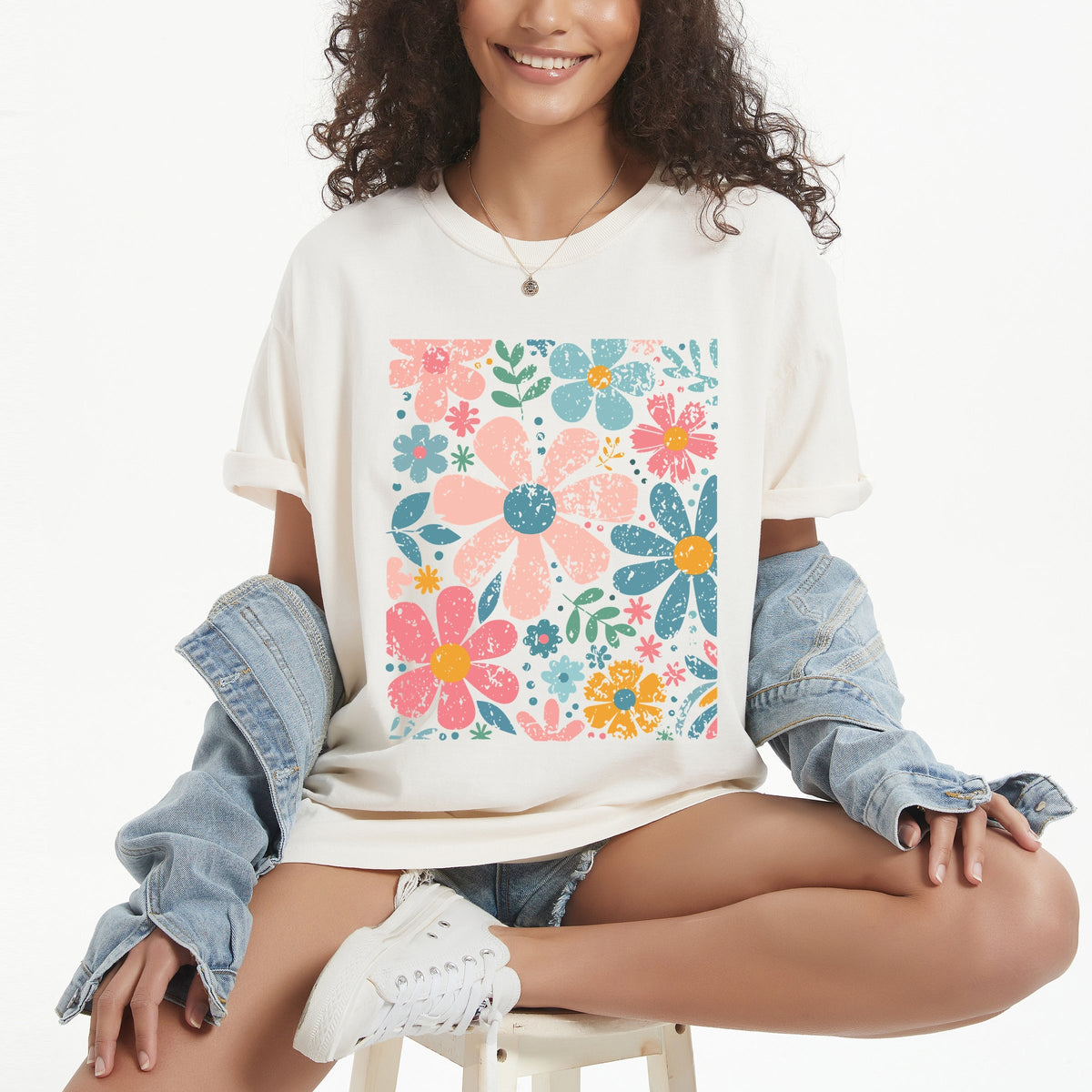 Pastel Flowers Collage - Women's Garment Dyed Graphic T-Shirt