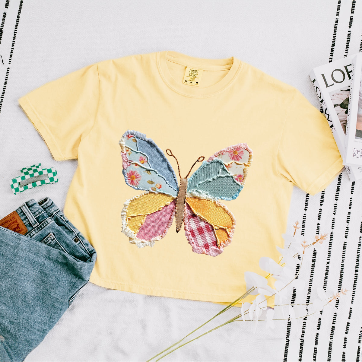 Butterfly Faux Patchwork - Women's Boxy Crop Top Graphic T-Shirt