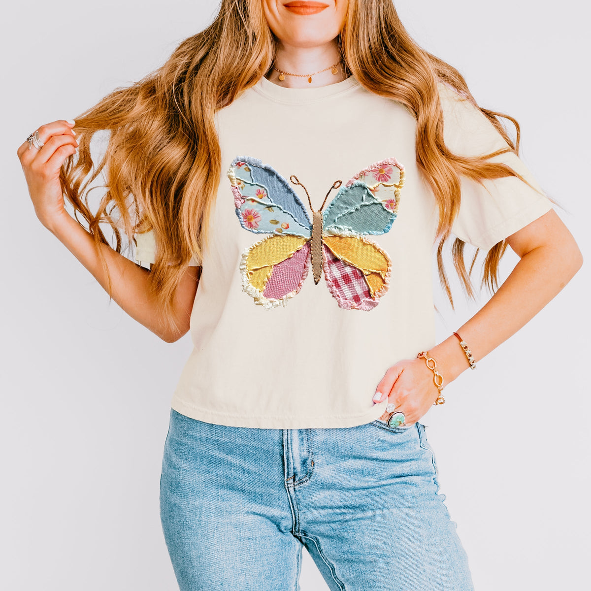 Butterfly Faux Patchwork - Women's Boxy Crop Top Graphic T-Shirt