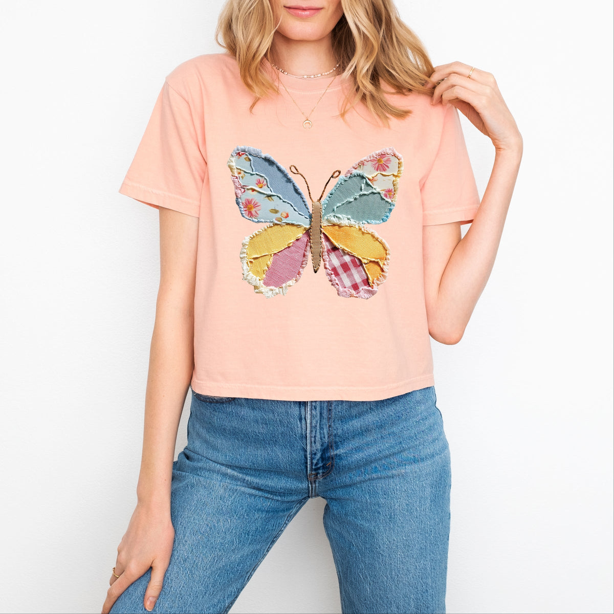Butterfly Faux Patchwork - Women's Boxy Crop Top Graphic T-Shirt