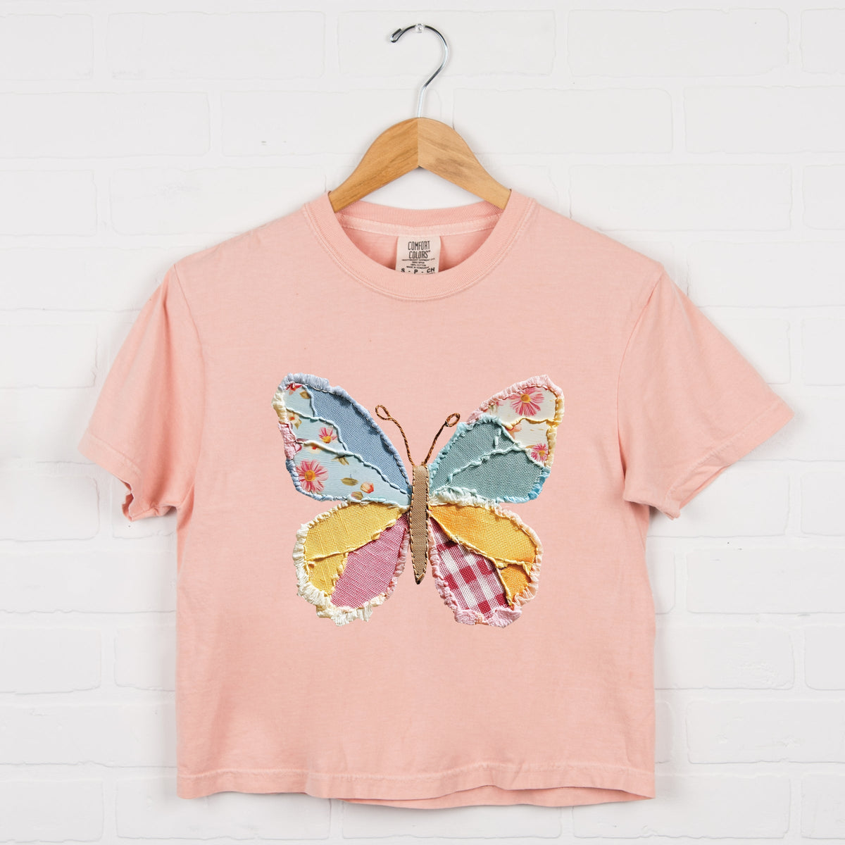 Butterfly Faux Patchwork - Women's Boxy Crop Top Graphic T-Shirt